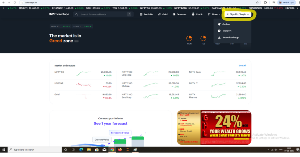 SIGN UP BUTTON AT TICKERTAPE WEBSITE