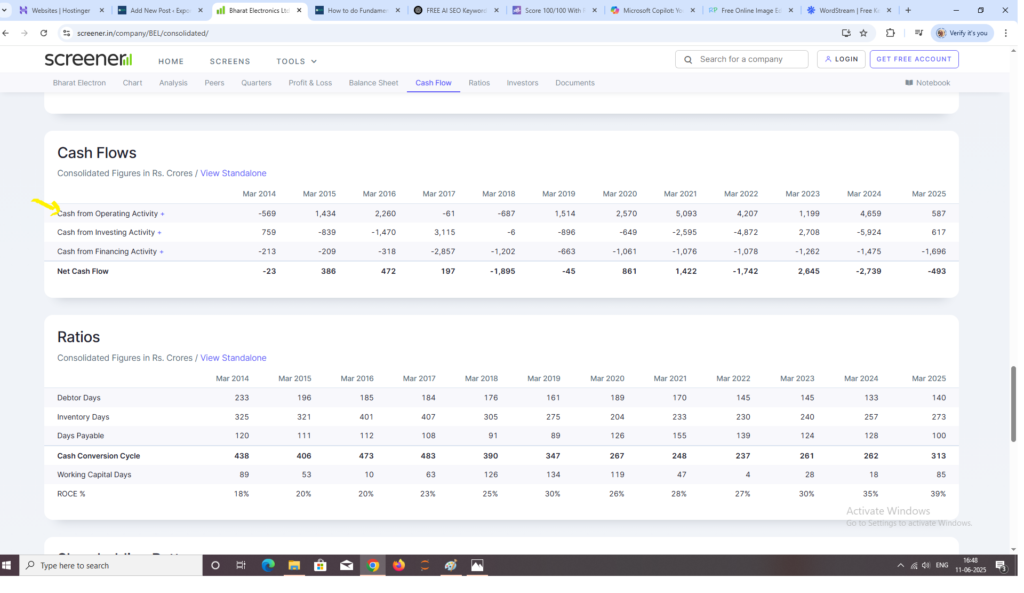 The screener data, which shows the cash flows and in detail